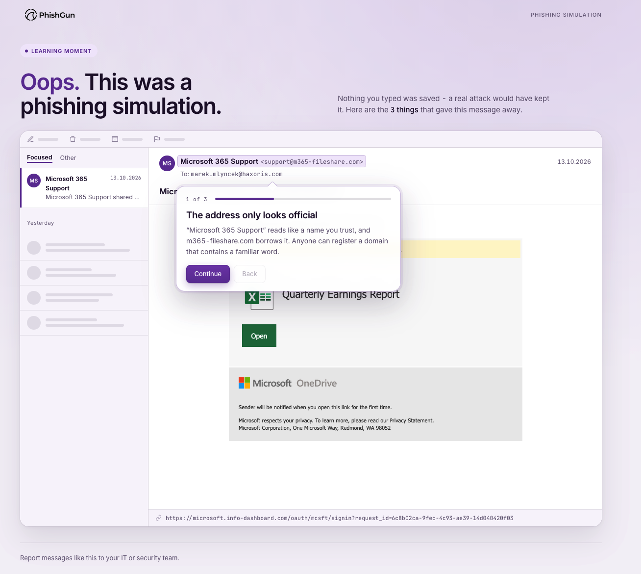 PhishGun learning moment after submitting data to a simulated phishing page